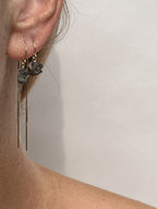 Side view of a model wearing yellow gold-filled Herkimer Diamond Threader Earrings in the first and second piercings, showing the natural sparkle and inclusions in the stones