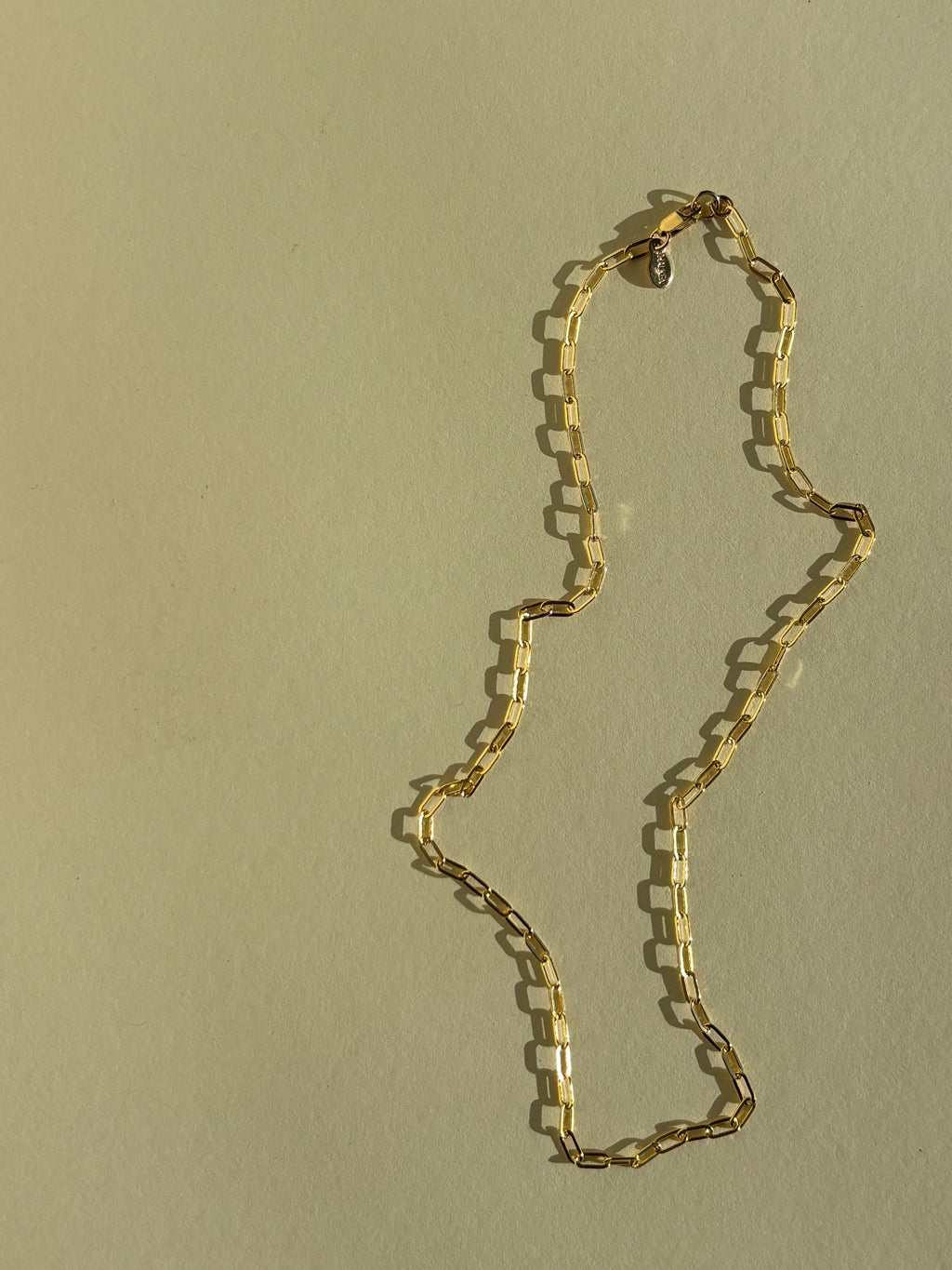 Thalken's small link paperclip necklace in yellow gold-filled on neutral backdrop in warm light