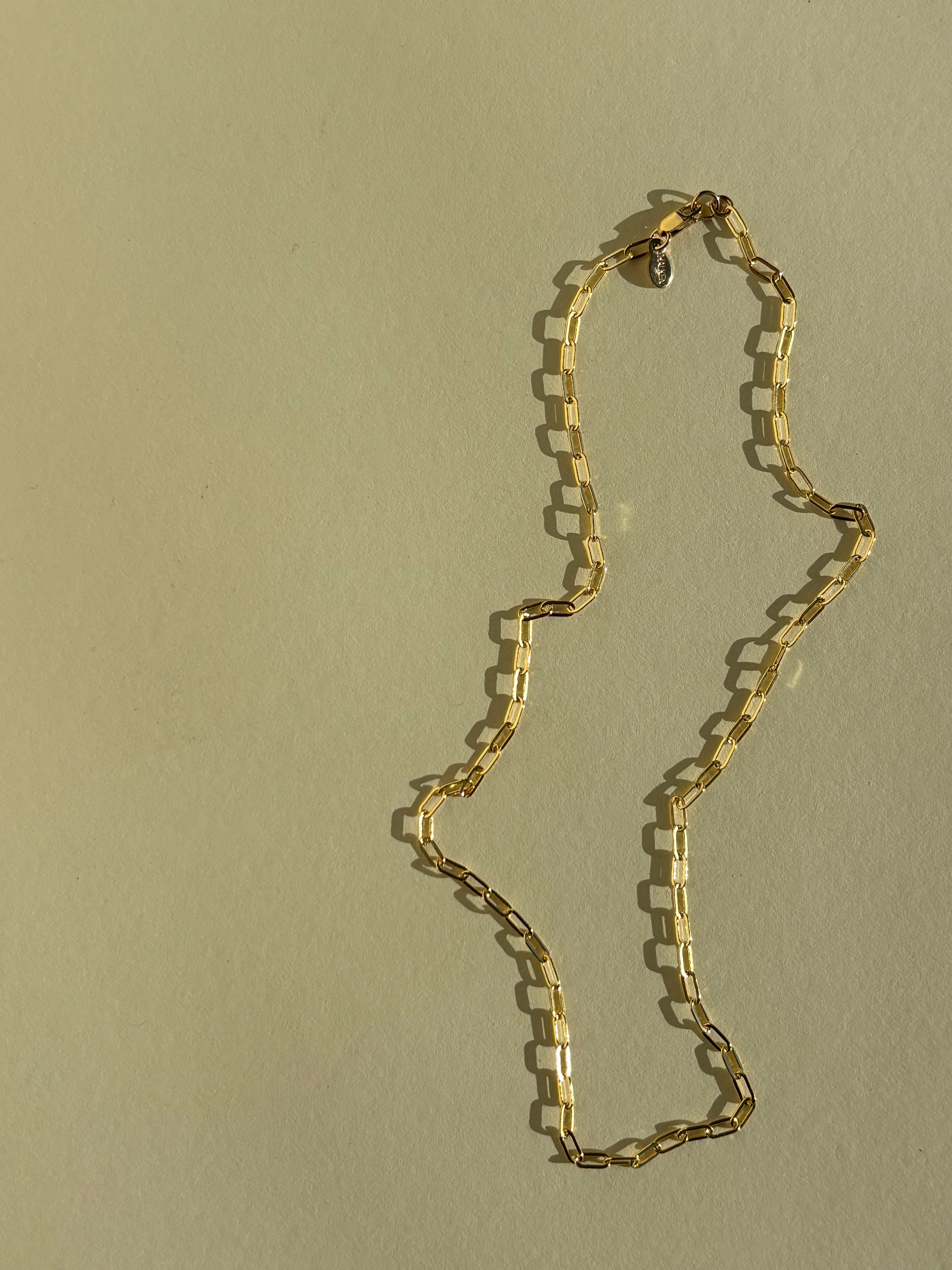 Thalken's small link paperclip necklace in yellow gold-filled on neutral backdrop in warm light